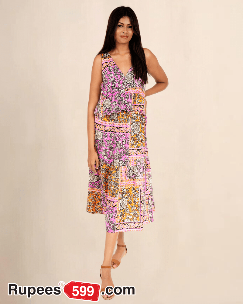 Ladies Purple Sleeveless Floral Pleated Long Dress