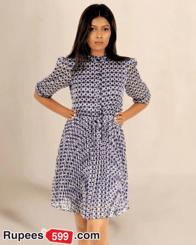 Ladies Elegant Navy & White Circle Pattern Dress