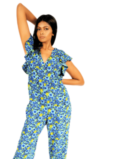 Stunning Floral Print Blue and Yellow Maxi Dress