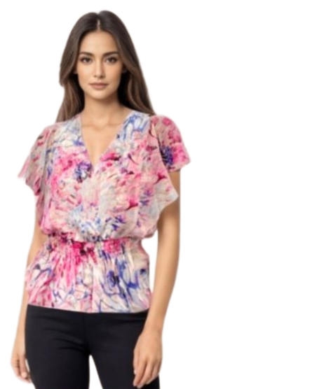 Ladies Pink Sleeveless Floral Tops with Elastic Waist