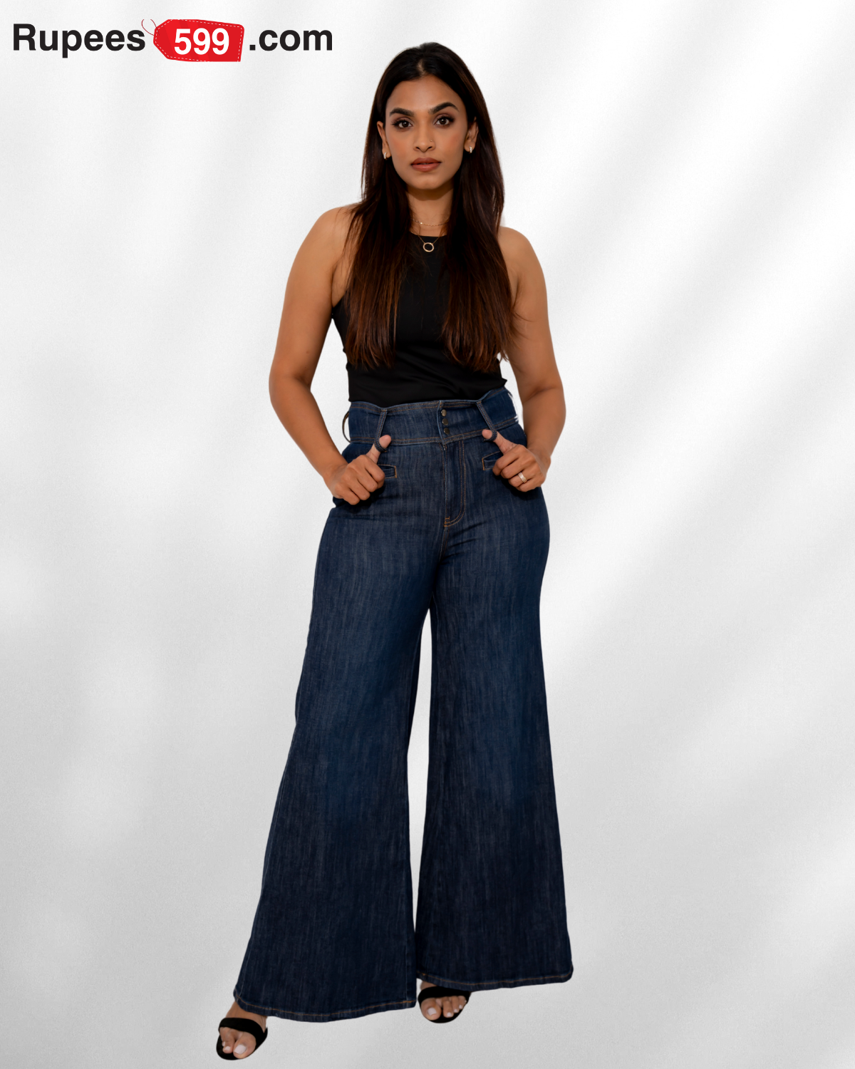 High-Waisted Stretchy Dark Blue Denim Trousers