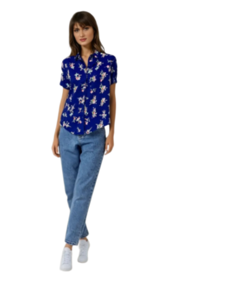 Ladies Pink Rose Floral Navy Button-Up Blouse