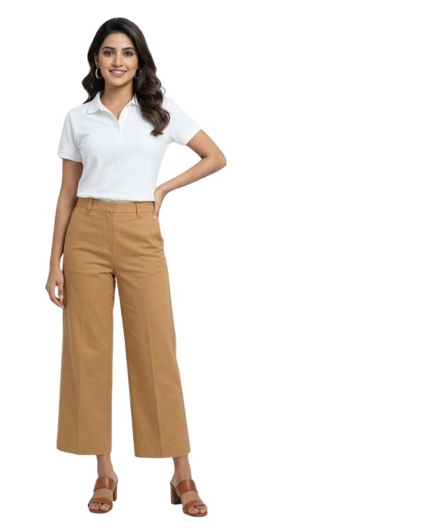 Women's Wide Leg Cropped Chino 2 Model wearing a brown women's wide leg cropped chino